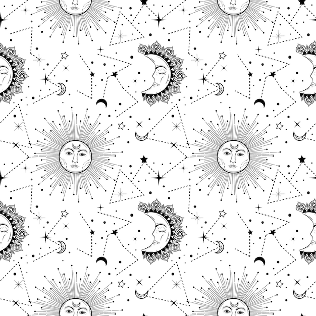 Boheemse naadloze patroon met zon maan sterren en sterrenbeeld Vintage stijl