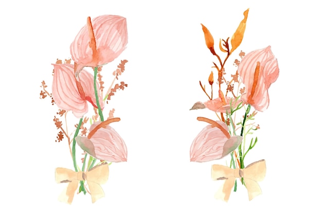 Boheemse roze anthurium bloem met tak aquarel boeket