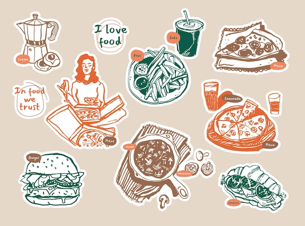 Boheemse verzameling illustraties van eten en drinken voor een stickerpakket