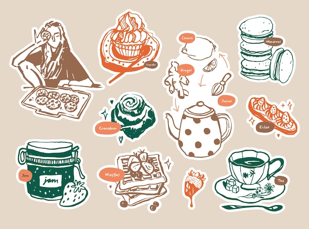 Boheemse verzameling illustraties van eten en drinken voor een stickerpakket