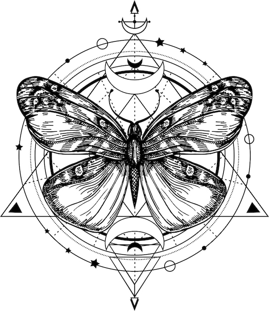 Vettore tatuaggi di farfalla boema in stile geometrico schizzo di illustrazione di farfalla simbolo mistico mistico