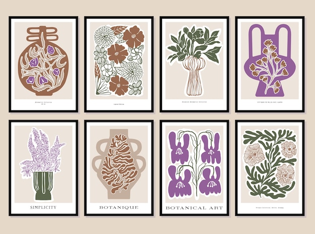 Vector bohemian collection of botanical illustrations for wall art gallery