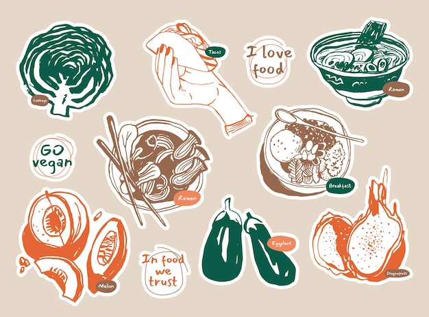 Bohemian collection of food and beverages illustrations for sticker pack