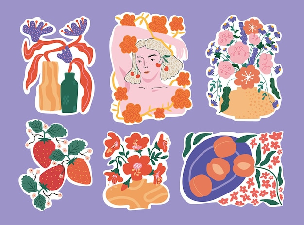 Bohemian collection of woman portrait and botanical illustrations for sticker pack