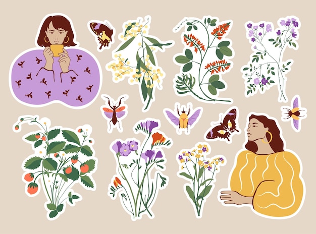 Bohemian collection of woman portrait and botanical illustrations for sticker pack