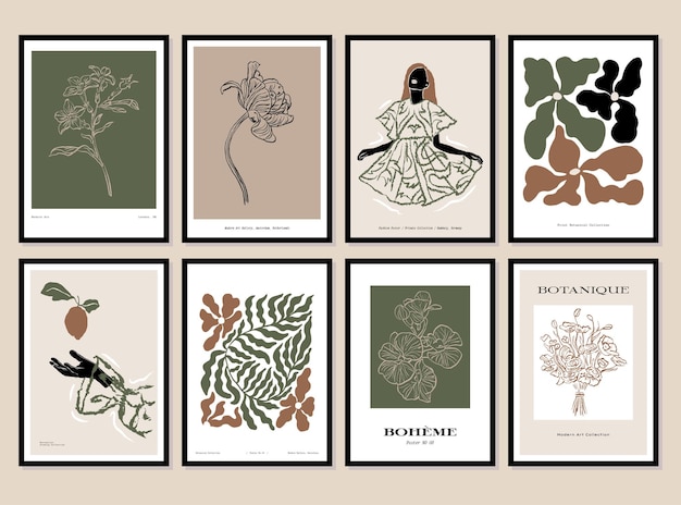 Bohemian collection of woman portrait and botanical illustrations for wall art gallery