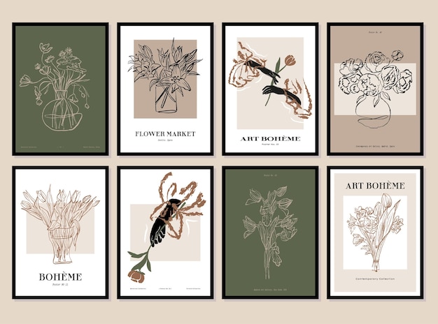 Bohemian collection of woman portrait and botanical illustrations for wall art gallery