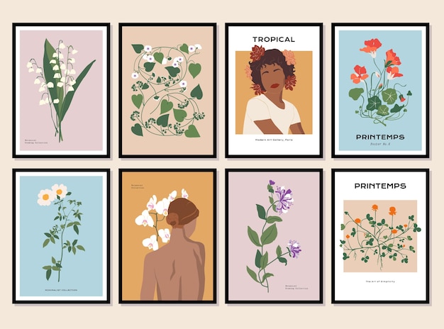 Bohemian collection of woman portrait and botanical illustrations for wall art gallery