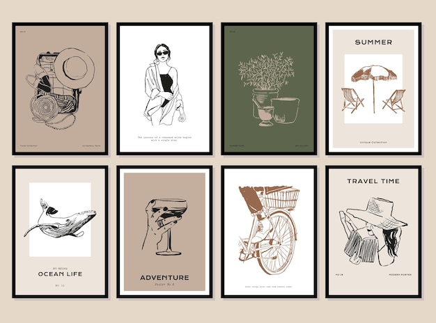 bohemian collection of woman portrait and botanical illustrations for wall art gallery