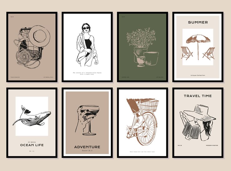 Bohemian collection of woman portrait and botanical illustrations for wall art gallery