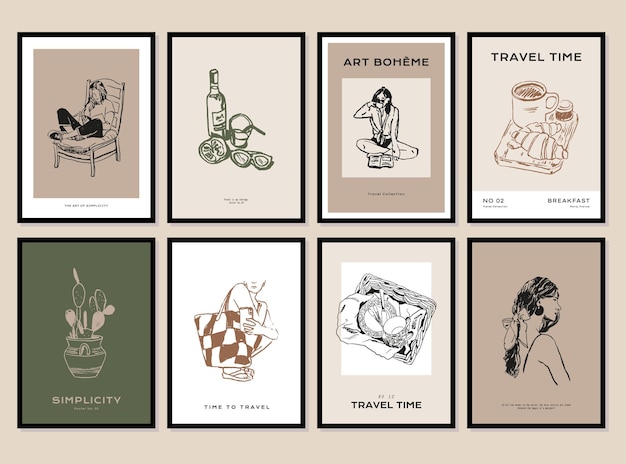 bohemian collection of woman portrait and botanical illustrations for wall art gallery