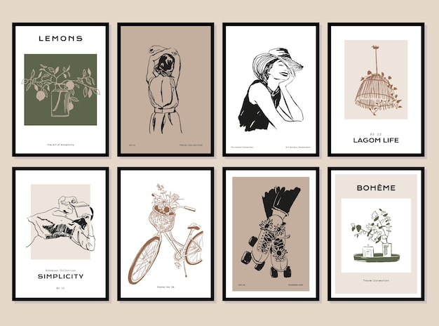 bohemian collection of woman portrait and botanical illustrations for wall art gallery