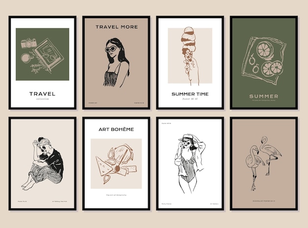 bohemian collection of woman portrait and botanical illustrations for wall art gallery
