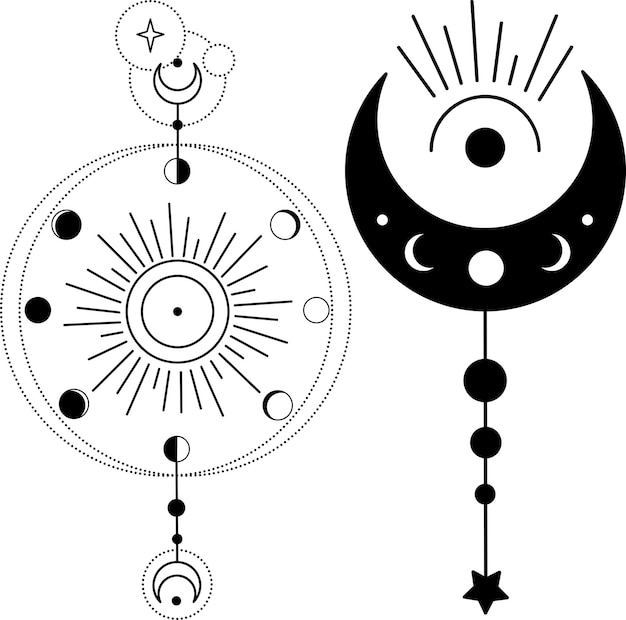 Богемский полумесяц со звездами и лучами астрологии. фазы луны svg векторный клипарт.