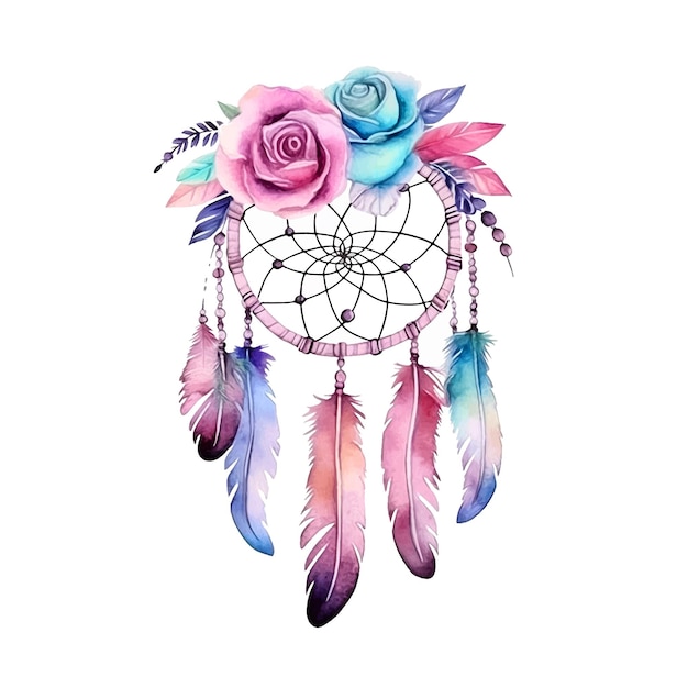 Bohemian Dream Catcher with flowers and feathers watercolor painting