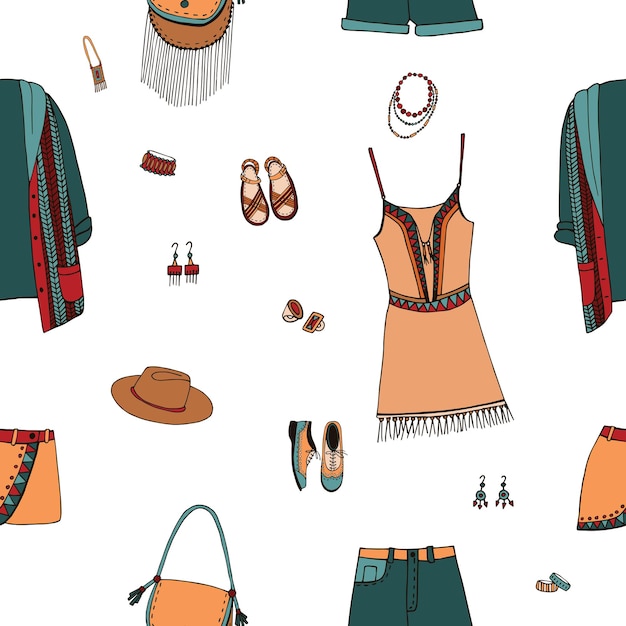 Bohemian fashion style seamless pattern. boho and gypsy clothes, accessories. hand drawn colorful background.