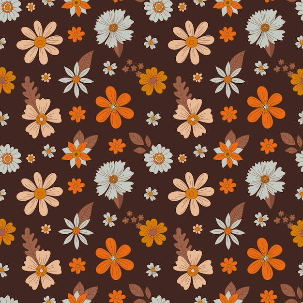 Bohemian floral autumn background in retro style. Abstract autumn flowers and leaves on a dark brown