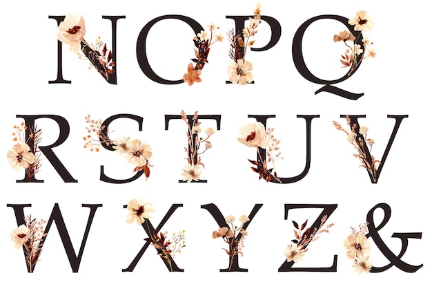 Вектор Чешские цветы и листовой алфавит с акварельным орнаментом темного цвета