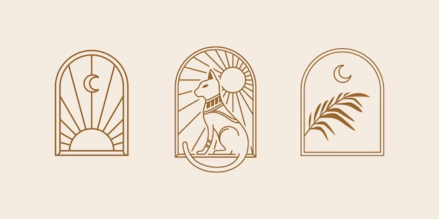 Bohemian line logo art Icon and symbols with Cat sun and moon arch window design geometric