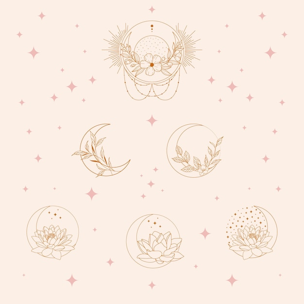 보헤미안 달과 연꽃 세트 선형 보헤미안 아이콘 및 기호의 벡터 세트 Sun 로고 디자인
