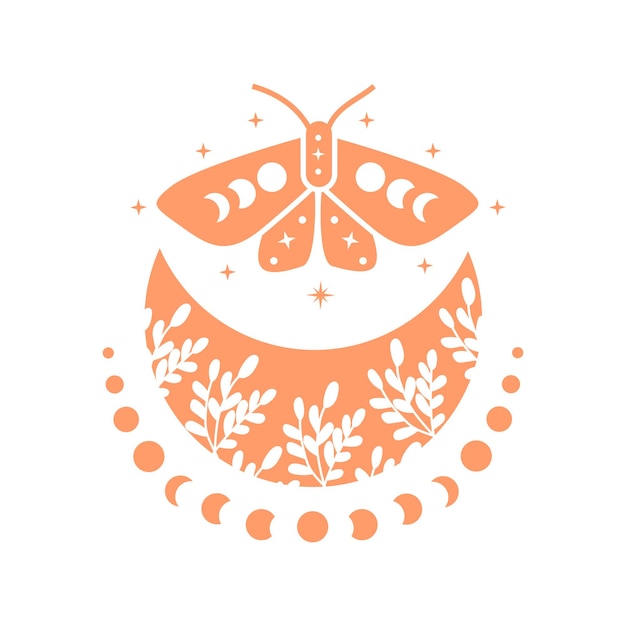 Vector bohemian moon with butterfly and moon phase