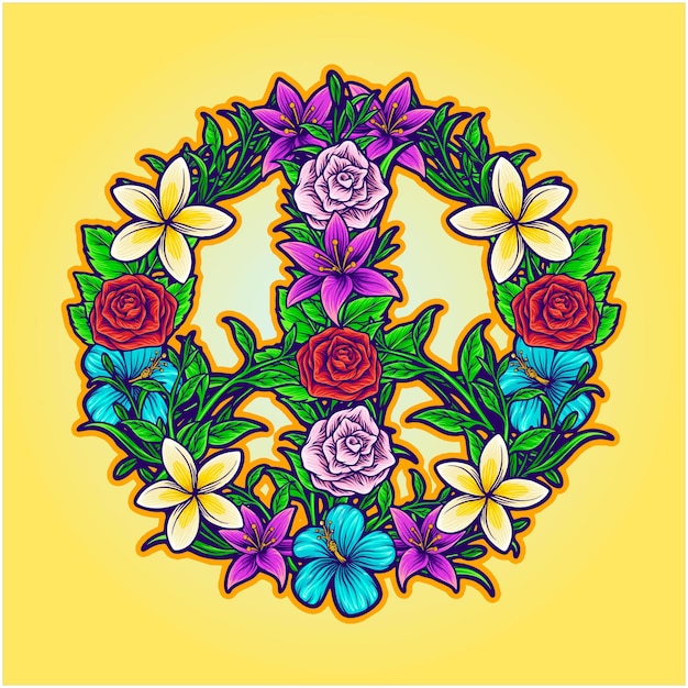 Vector bohemian peace symbol with decorative flowers