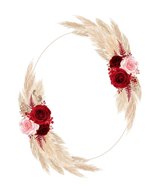 Vector bohemian style floral frame with red rose and pampas grass