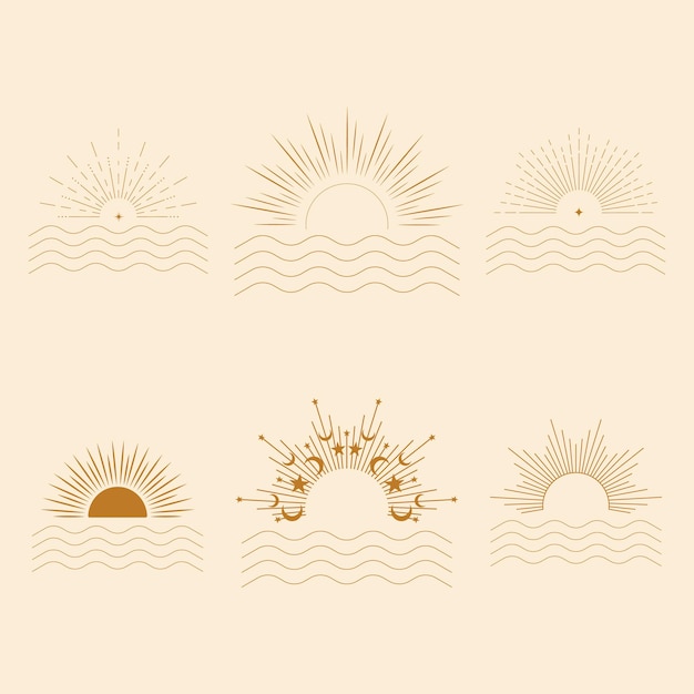 bohemian sunset and ocean waves vector icons set vector set of linear boho icons and symbols