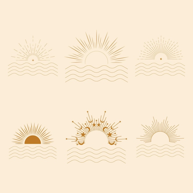 Bohemian sunset and ocean waves vector icons set Vector set of linear boho icons and symbols