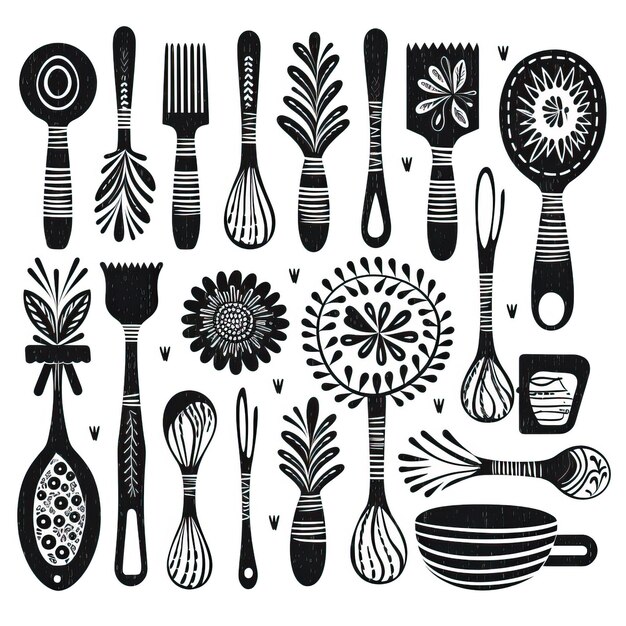 Vector bohemian vector baking utensils on white background