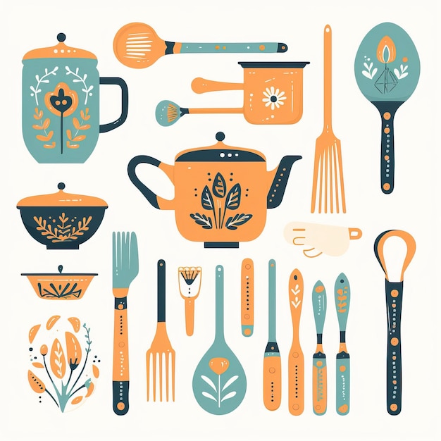 Vector bohemian vector baking utensils on white background