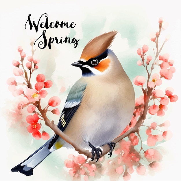 Vector bohemian waxwing watercolor paint