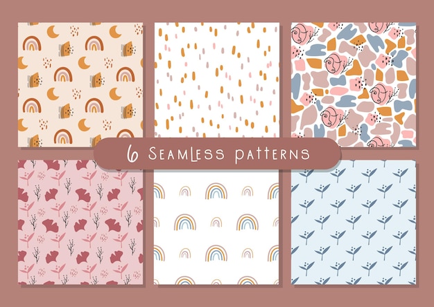 Boho abstract seamless pattern or digital paper bundle simple geometric and floral background