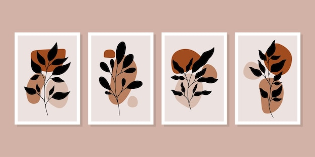 Эстетические абстрактные ботанические настенные художественные плакаты в стиле бохо. Листья растений, красота, нейтральные естественные цвета. Плакаты с фруктами и растениями. Векторная иллюстрация.