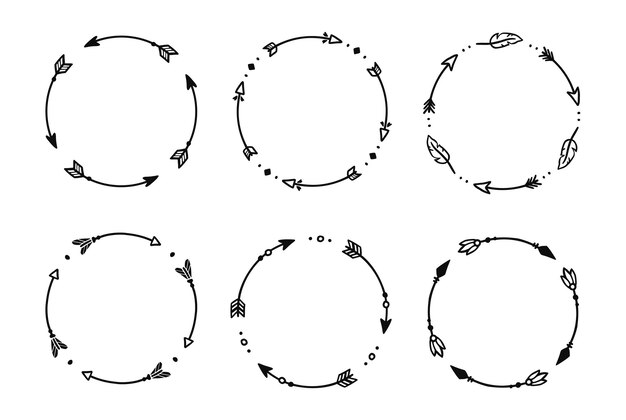 自由奔放に生きる矢印サークル フレーム セット手描き落書きアフリカ アステカ素朴な民族矢印ボーダー飾りサークル フレーム部族自由奔放に生きる装飾デザイン