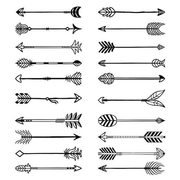 Vector boho arrows. bows stylized weapons in ethno style arrows with feathers recent vector drawn set for logo design. arrow bohemian, archery weapon, indian and medieval war tools illustration