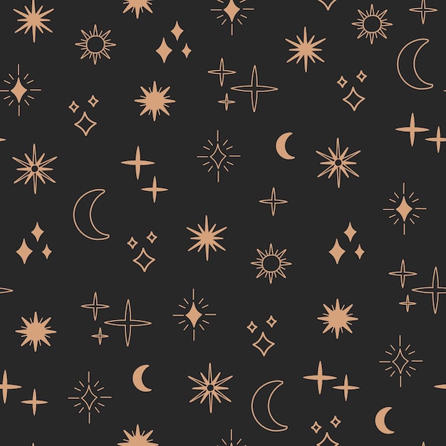 Vector boho astrology and star seamless pattern, magic celestial night concept, moon and sun objects, bohemian symbols. gold line art, modern trendy vector illustration in doodle flat style, black background