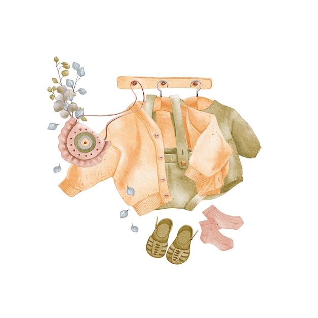 Boho Baby aquarel illustratie. Vintage kinderkleding en speelgoed. Retro babykleertjes op de schouder.