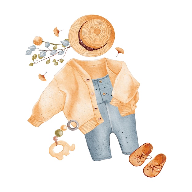 Boho baby aquarel illustratie. vintage kinderkleding en speelgoed. retro babykleertjes op de schouder.