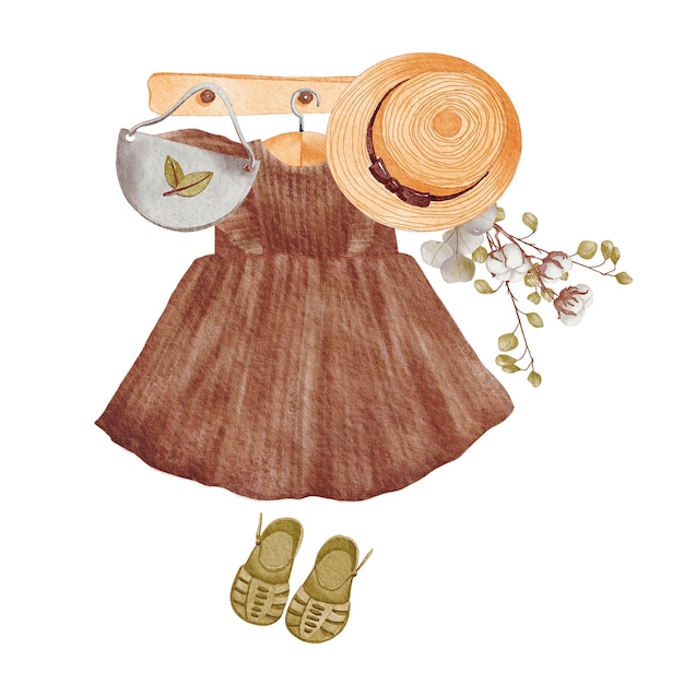 Boho 아기 수채화 그림입니다. 빈티지 아동 의류 및 장난감. 어깨에 복고풍 아기 옷.