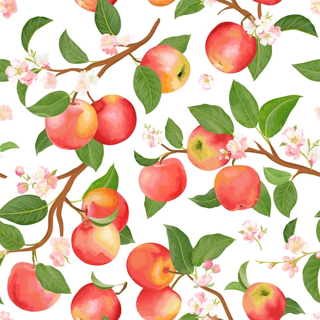 Boho botanische appel naadloze patroon. Vector herfst fruit, bloemen, bladeren textuur. Zomer bloemen achtergrond, natuur behang, aquarel achtergrond mode textiel, herfst inpakpapier