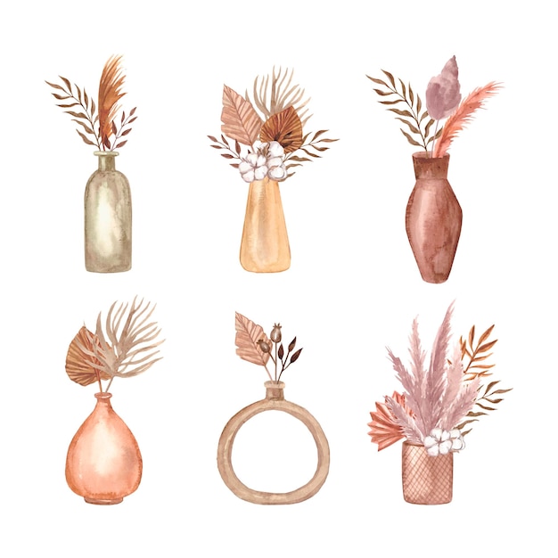 Vector boho bouquets with dried flowers in a vase watercolor vector illustration