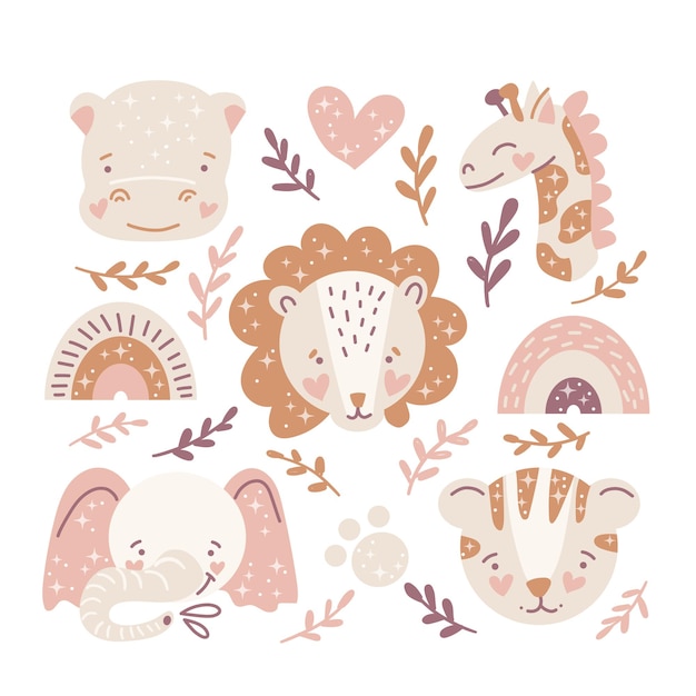 Vector boho bundle with cute animals for kids