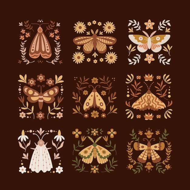 Vector boho butterflies with nature elements