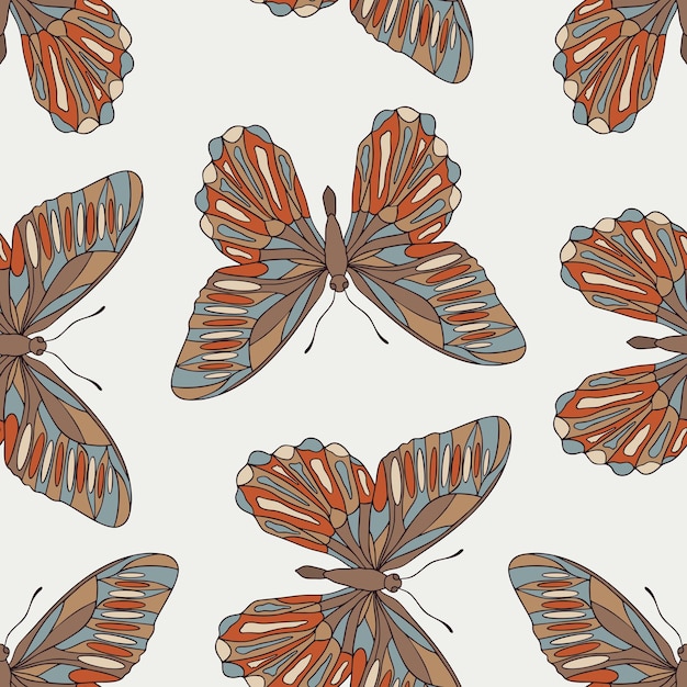 Boho butterfly hand drawn seamless pattern background