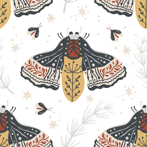 Vector boho butterfly seamless pattern on a white background