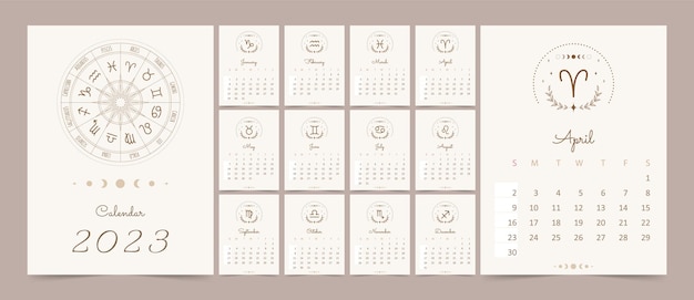 Vettore calendario boho 2023 con segni zodiacali modello vettoriale astrologico pronto per la stampa