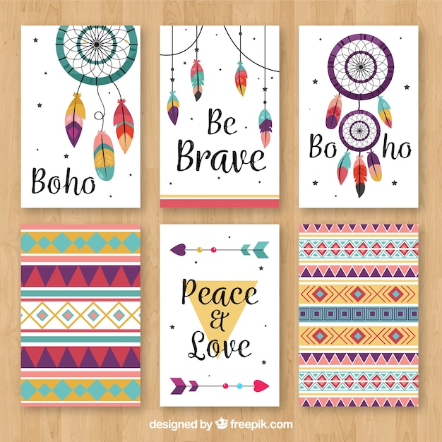 Vettore collezione di carte boho con elementi hippie