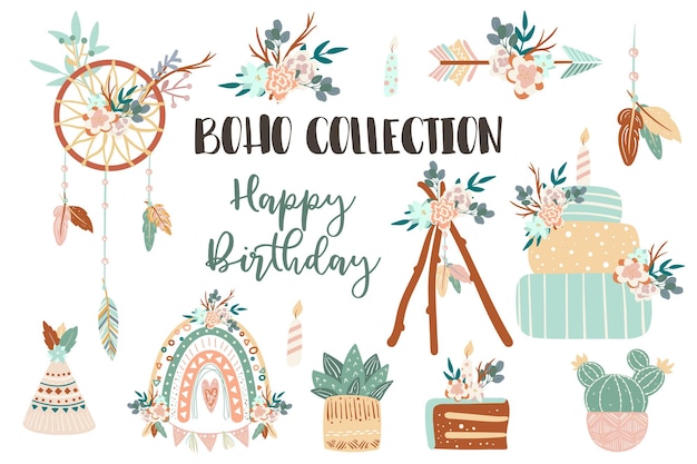 Boho chic collection of icons with feathers flowers floral compositions birthday cakes arrow