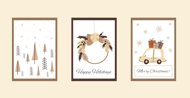 Boho christmas set of cards in cute doodle style